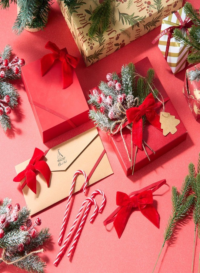Suncalla 106 Pcs Christmas Velvet Bows Set for Gift Wrapping Elastic Bows for Gift Boxes Stretch Loops with Snow Frosted Berry Pine Picks Candy Cane Tags for Xmas Wrapping Party Favors(Red) - Image 4